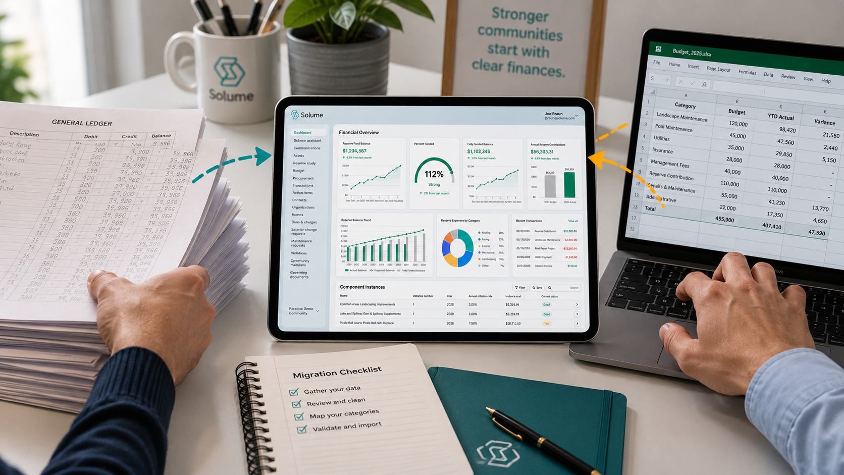 Close-up of hands transferring financial information from paper ledgers and a laptop spreadsheet to a tablet displaying a modern HOA reserve study dashboard, illustrating a smooth migration to digital financial management.