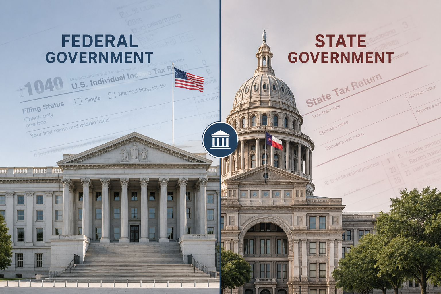 Split-frame image comparing a federal government building and a state capitol with tax documents in the background.