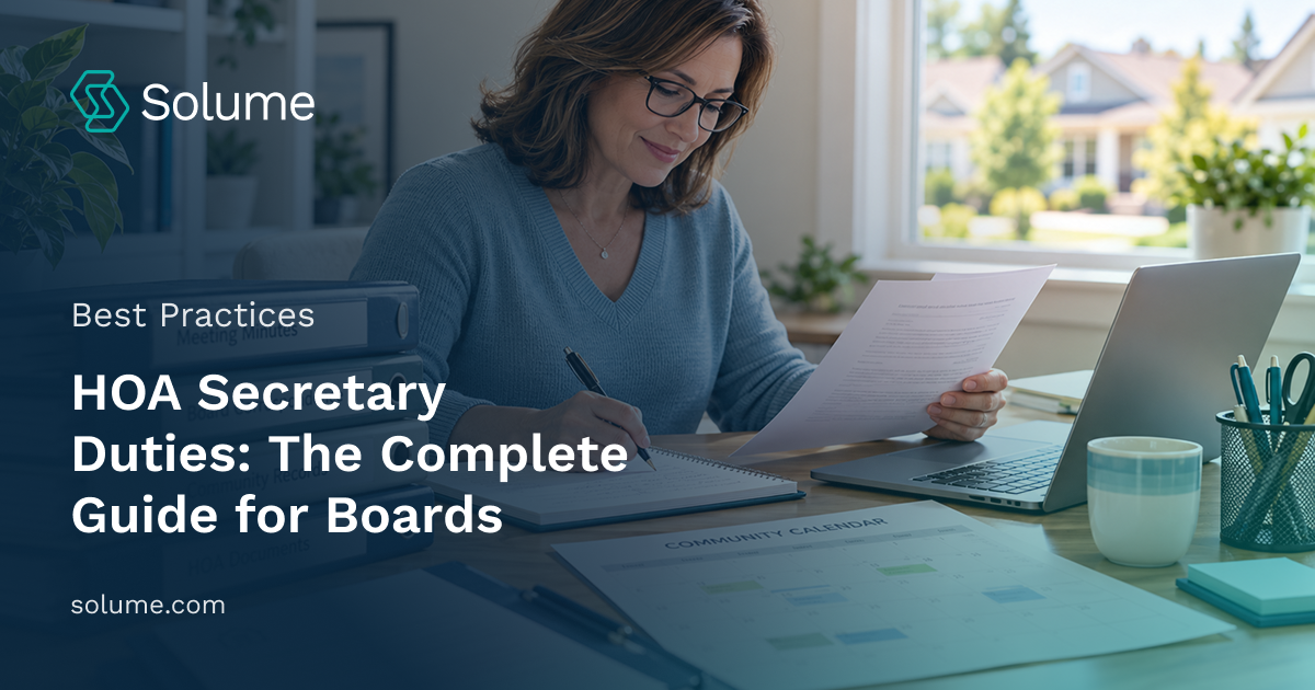 HOA secretary organizing meeting minutes, board correspondence, community records, and documents at a home office desk.