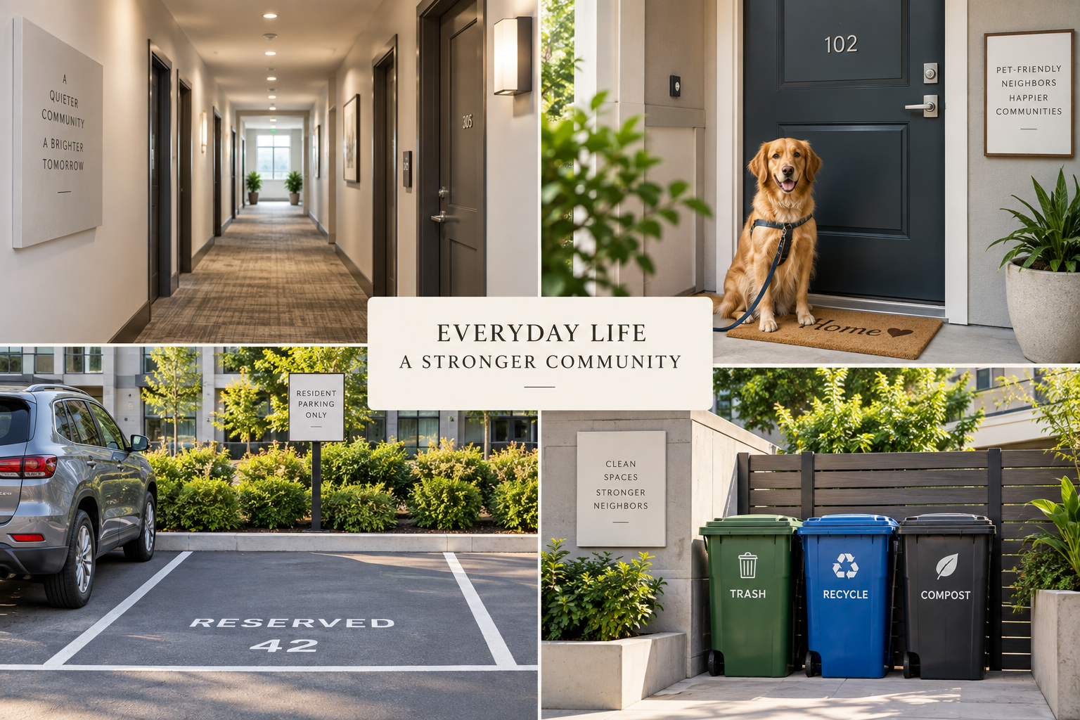 Four-panel illustration showing everyday condominium life with a quiet hallway, leashed dog, reserved parking space, and organized trash, recycling, and compost bins.