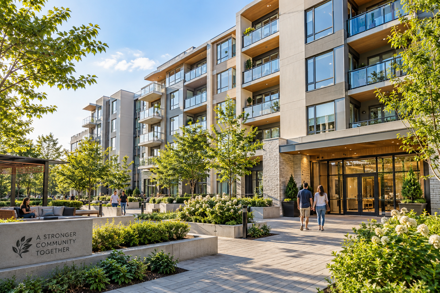 Modern condominium building with landscaped grounds, shared courtyard, and residents walking near the entrance in bright daylight.