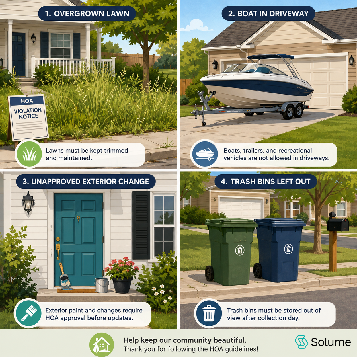 Four-panel HOA illustration showing an overgrown lawn, a boat in a driveway, an unapproved exterior paint change, and trash bins left at the curb.