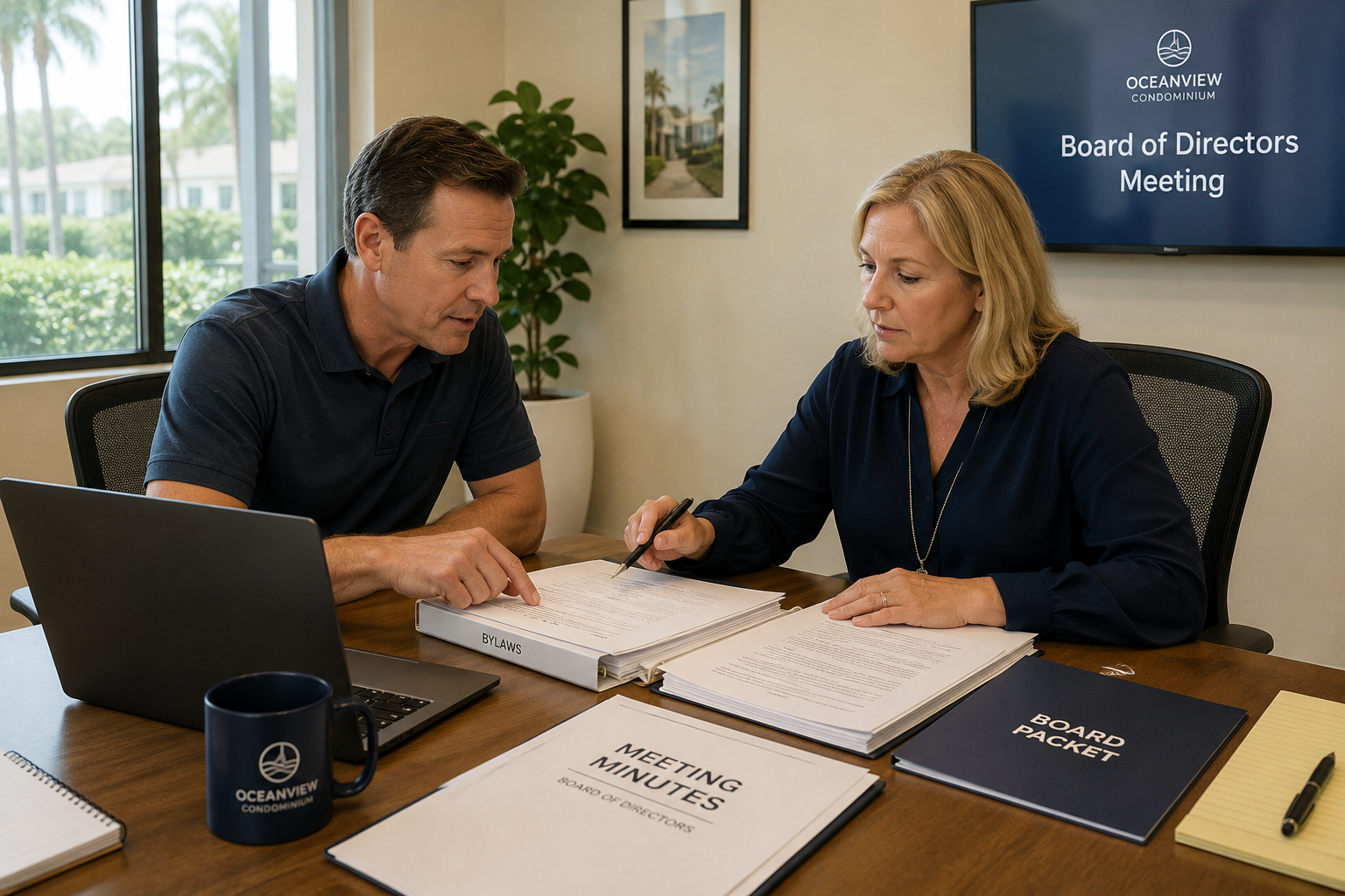Homeowner and condominium board member reviewing bylaws and meeting minutes together at a conference table with a laptop and documents.