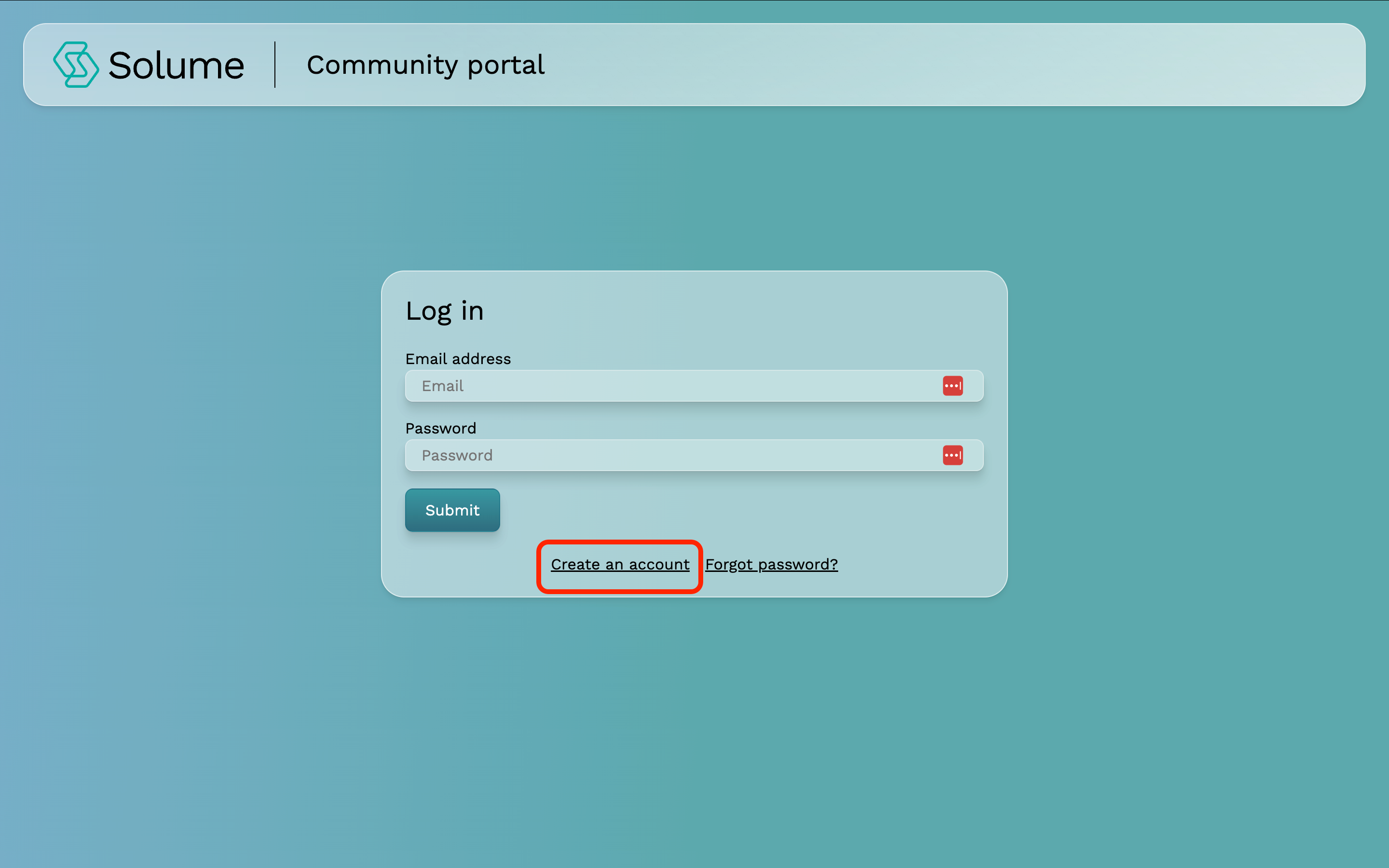 A screenshot of portal.community.solume.com with a red box around where to click create an account. 