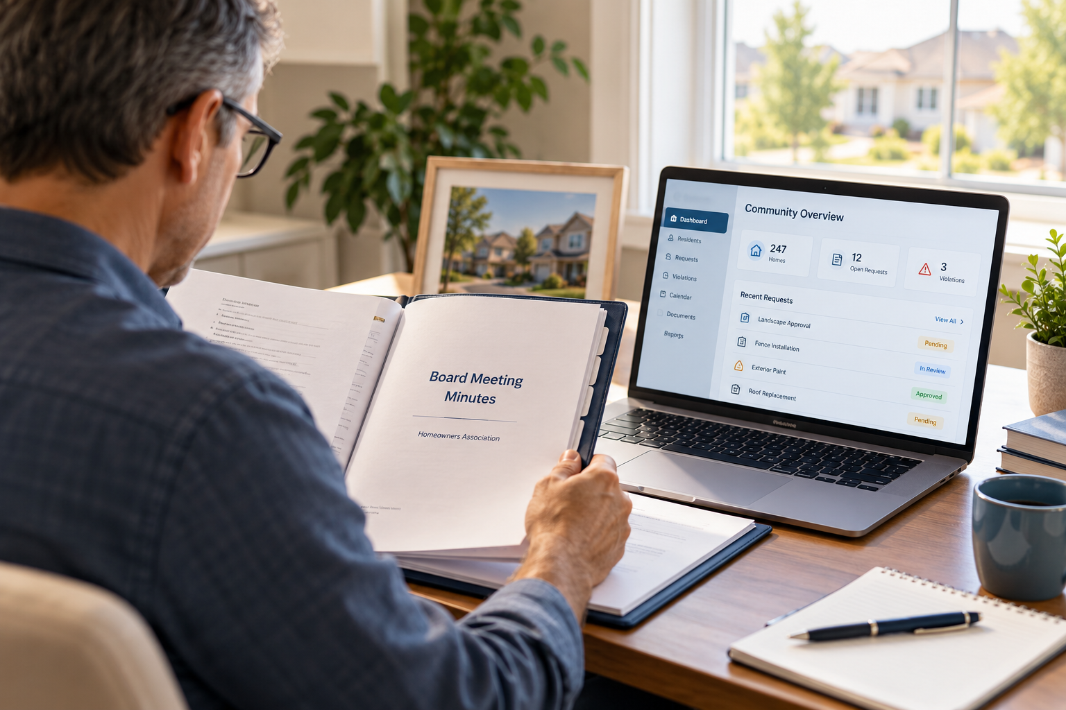 HOA board member reviewing meeting minutes beside a laptop displaying a community management dashboard in a tidy home office.