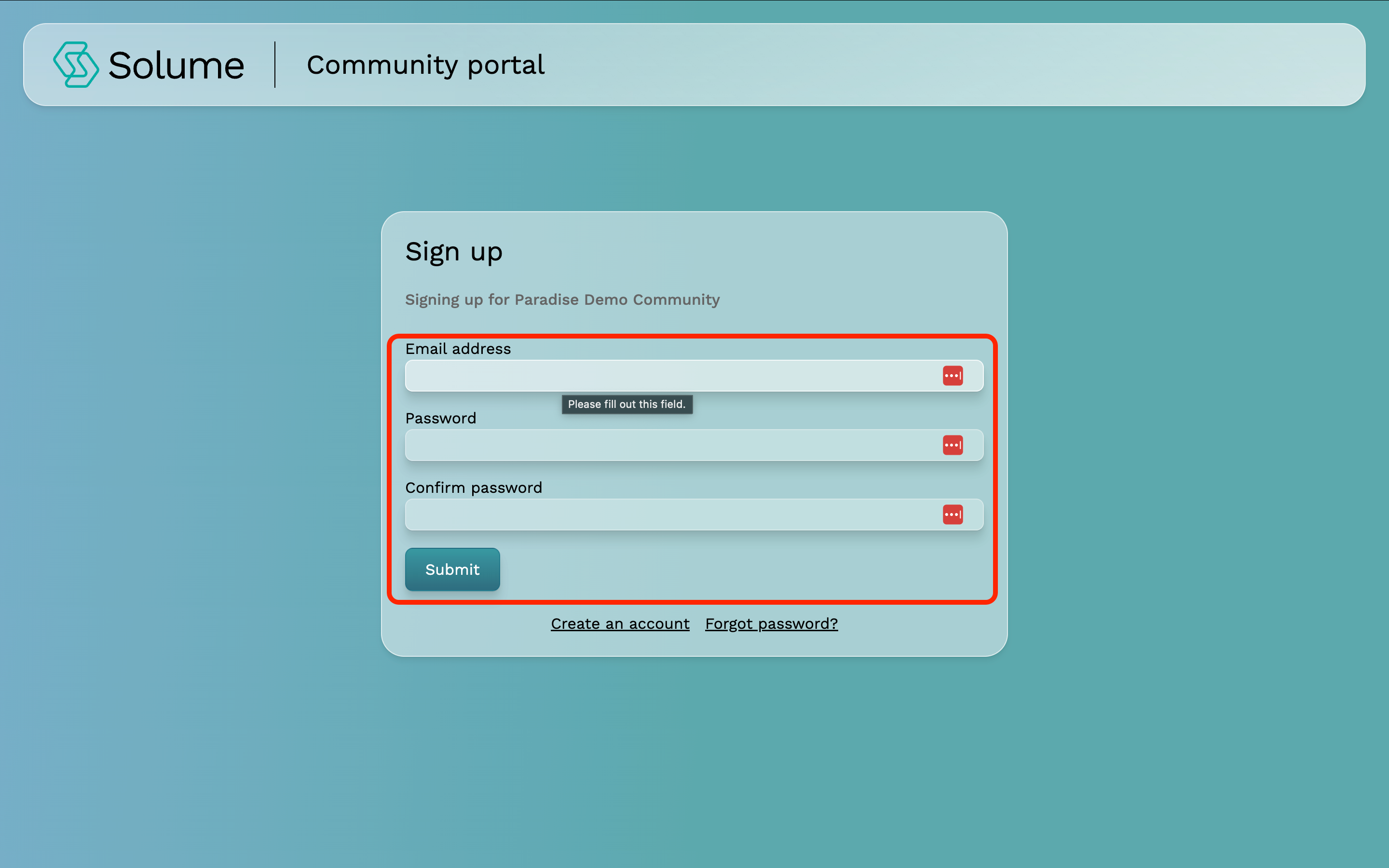 A screenshot with a red box indicating where to input your email and passwords for community portal access