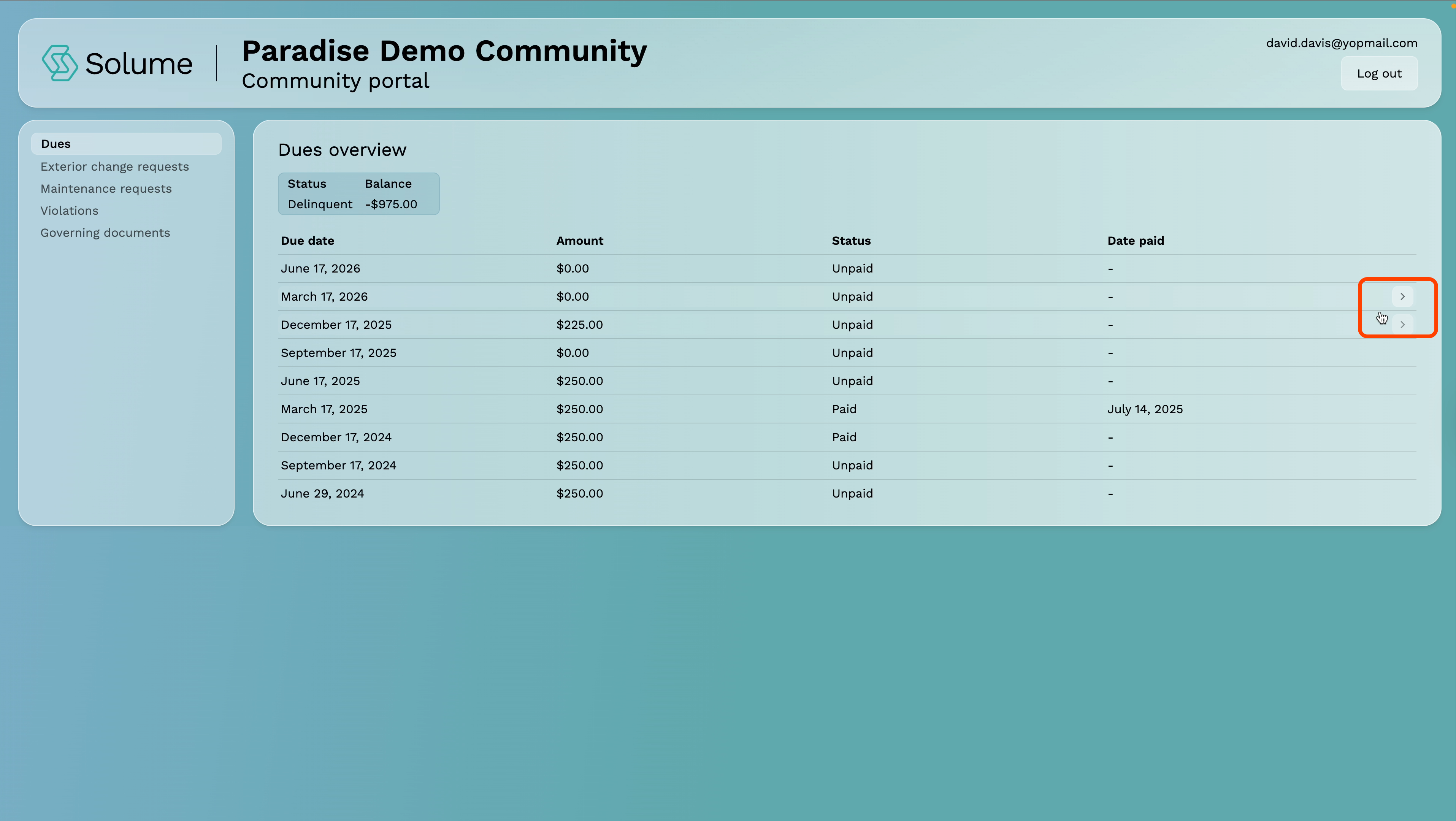 A screenshot of the detail view of dues within the owner portal of Solume.