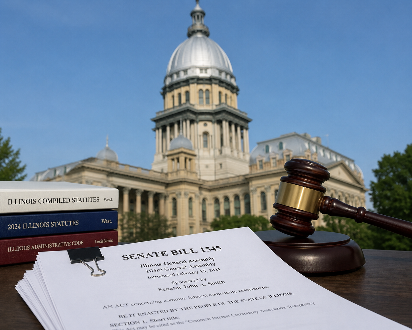 Close-up view of the Illinois State Capitol dome in the background with legislative documents, legal paperwork, and a judge’s gavel in the foreground, symbolizing state governance, lawmaking, and regulatory compliance.