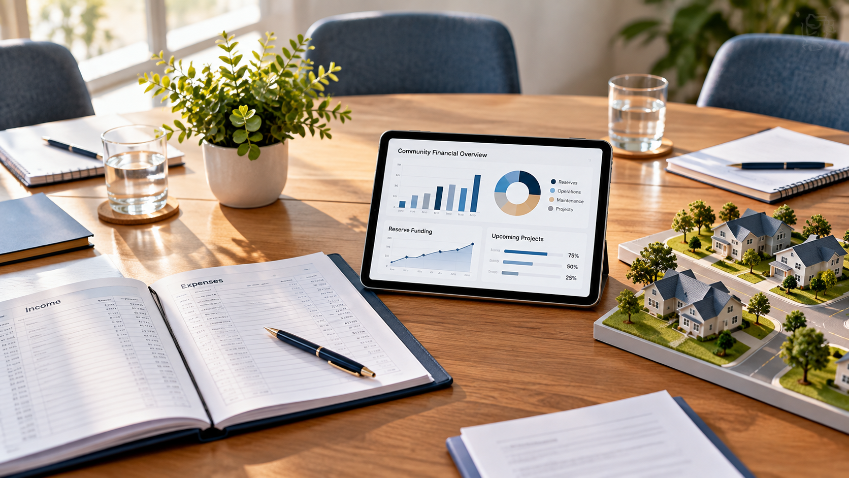 Open financial ledger, tablet displaying community financial charts, and miniature residential neighborhood model arranged on a wooden meeting table.