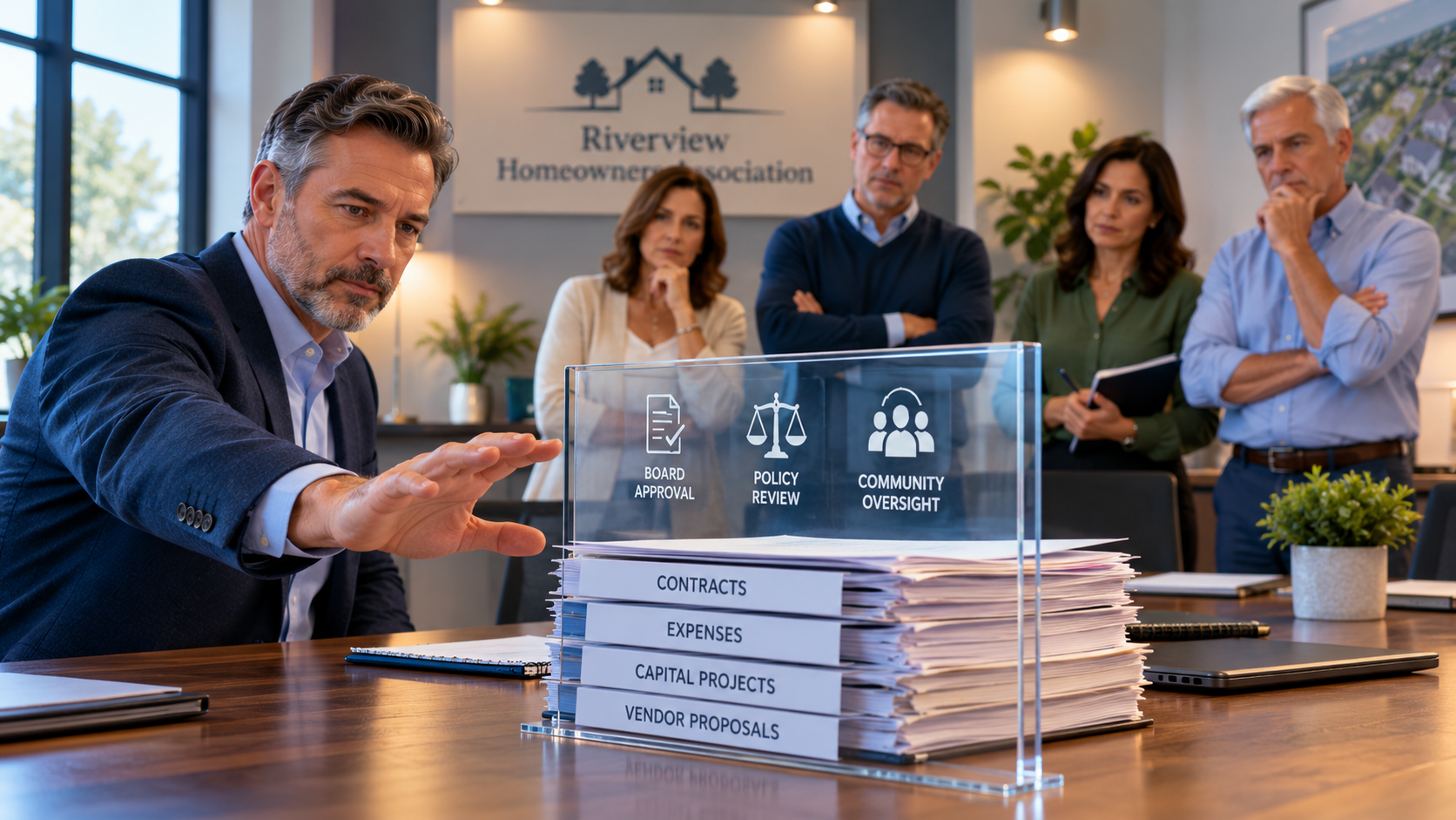 HOA president reaching toward community documents while board members stand behind a transparent barrier representing checks and balances.