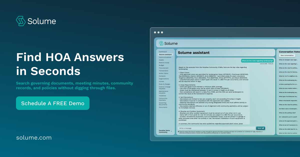 Promotional graphic showing the Solume AI assistant interface for HOAs, with a dashboard displaying governing document search results and a conversation panel designed to help board members quickly find answers to community policies, meeting minutes, and records.