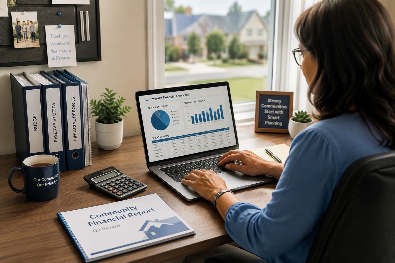 Volunteer HOA board treasurer reviewing financial reports on a laptop at a clean, organized home office desk with folders, a calculator, and a coffee mug, illuminated by soft natural light with a blurred suburban neighborhood visible through the window.