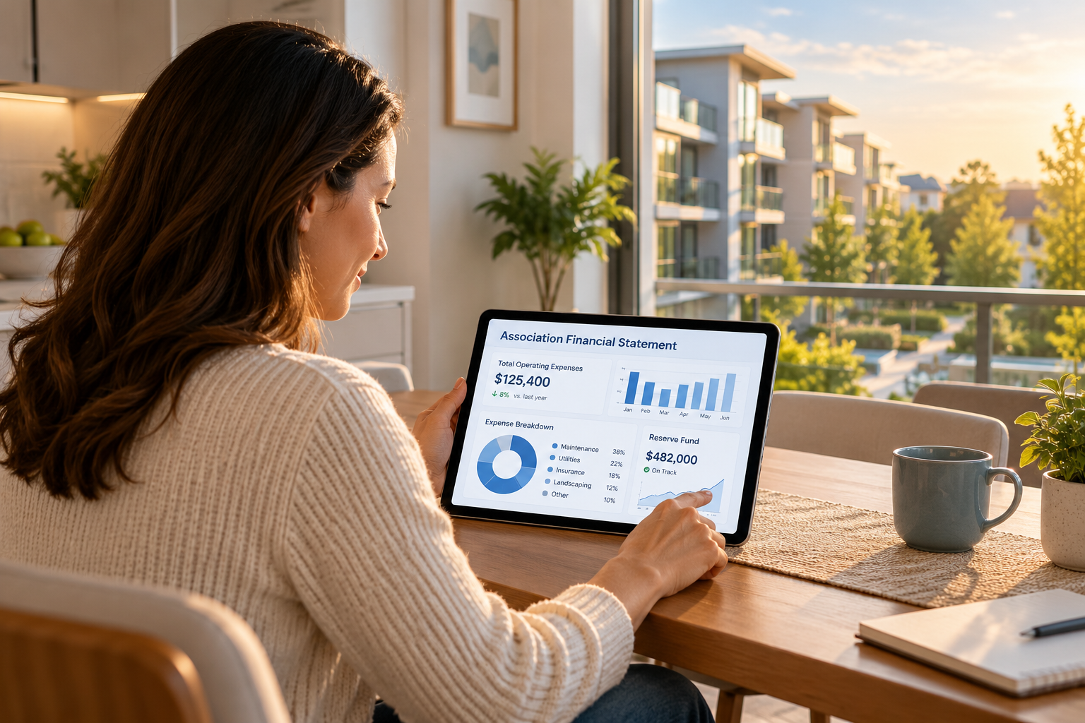 Condo owner reviewing an association financial statement on a tablet at her kitchen table, with the condominium complex visible through the window.