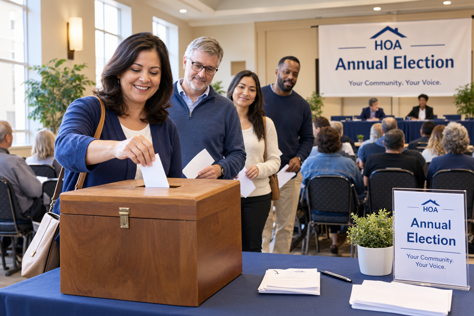 Homeowners casting paper ballots into a wooden ballot box during an HOA annual election in a community hall, with neighbors seated in the background.