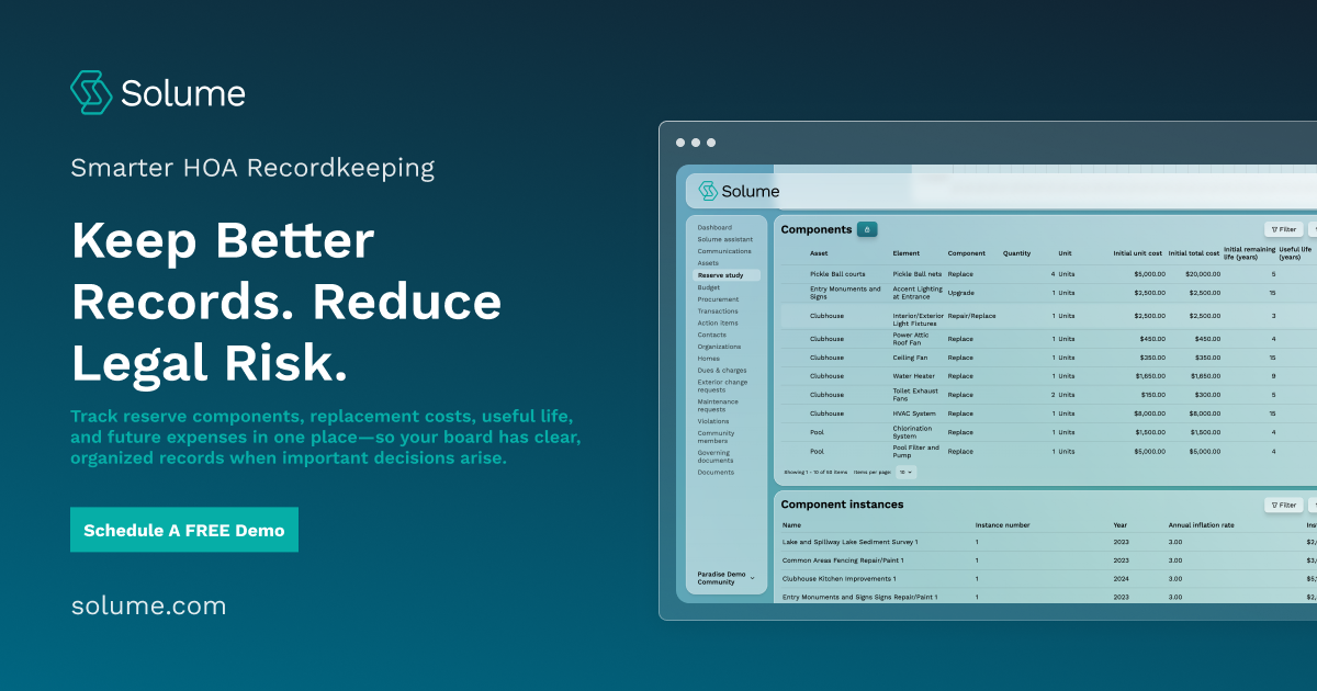 Solume HOA management software banner showing reserve study components, replacement costs, useful life, and component instances for organized HOA recordkeeping.