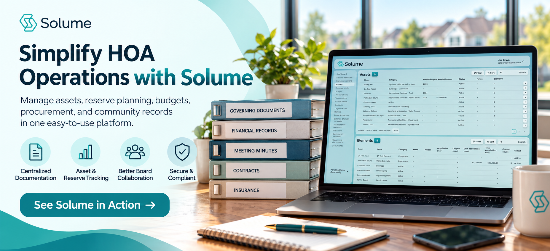Solume HOA management software displayed on a laptop, featuring an asset management dashboard with asset tracking, reserve planning, budgets, and community records, alongside neatly organized binders on a desk.