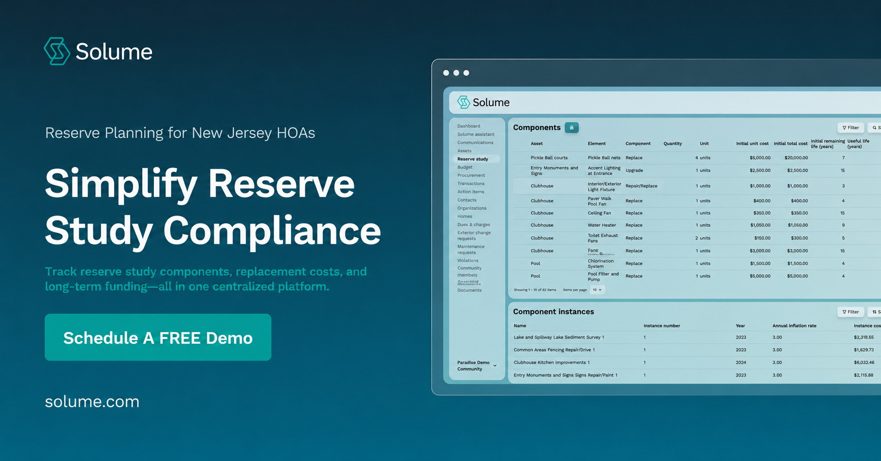Solume dashboard displaying reserve study components, replacement costs, and useful life tracking for New Jersey HOA reserve planning and compliance.