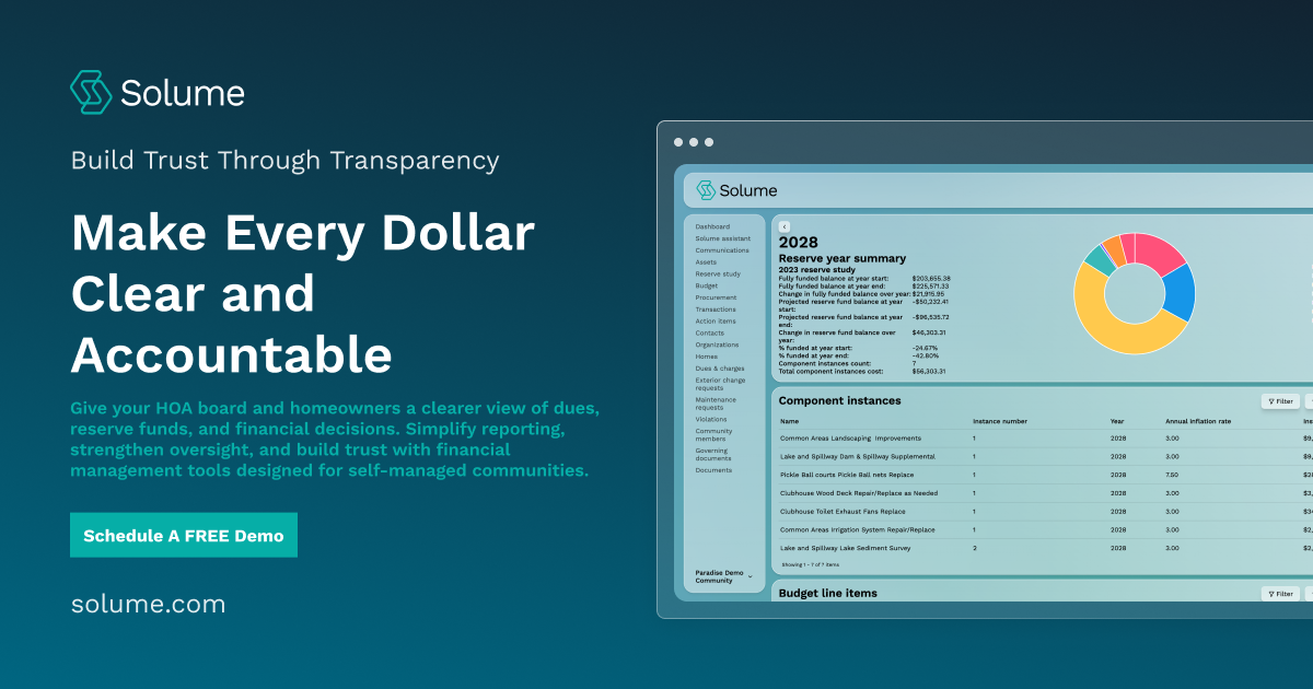 Solume financial management platform helping HOA boards improve financial transparency, track reserve funds, organize financial reports, and maintain accountability.