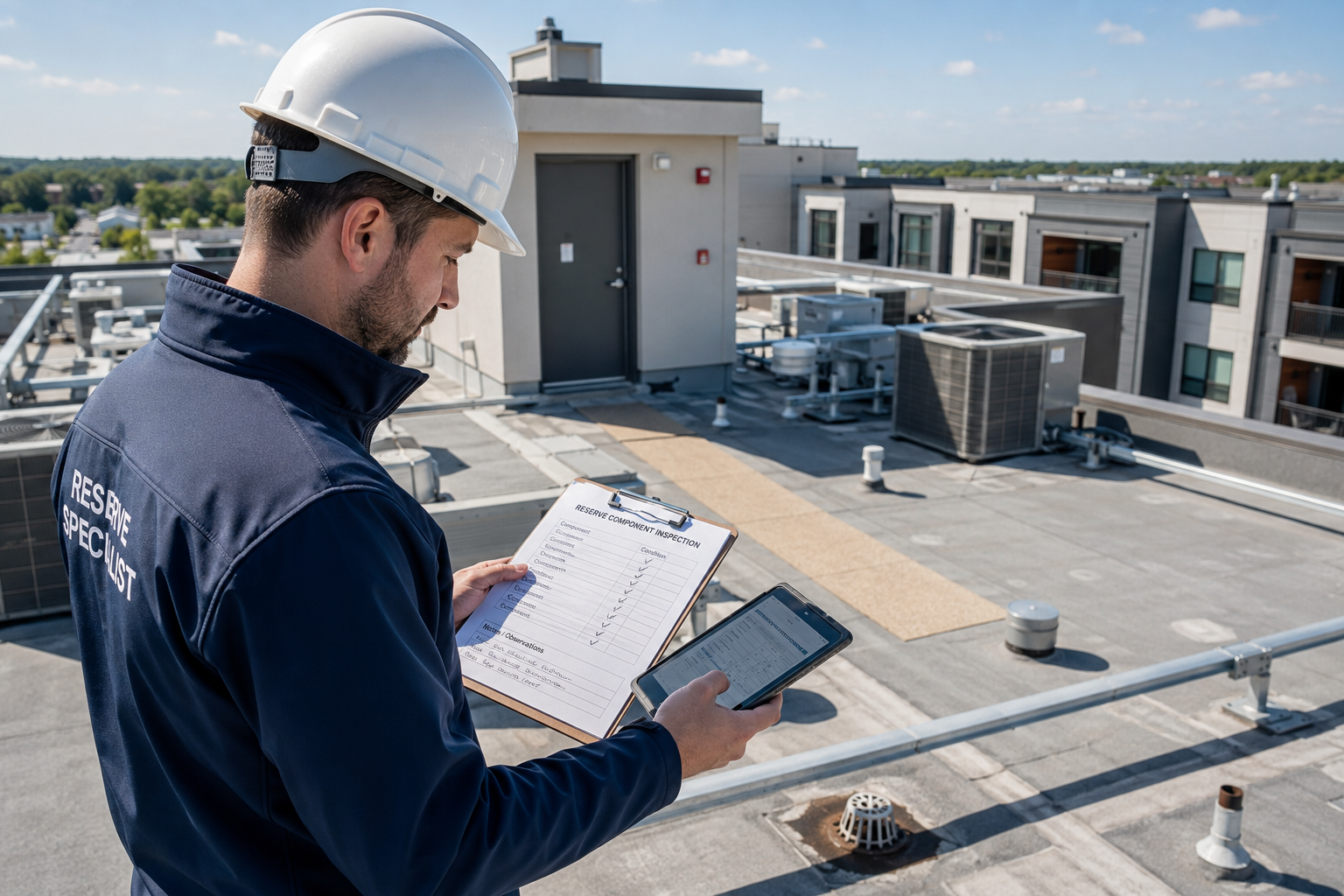 Reserve specialist in a hard hat inspecting a condo building’s flat roof with a clipboard and tablet, surrounded by HVAC equipment.