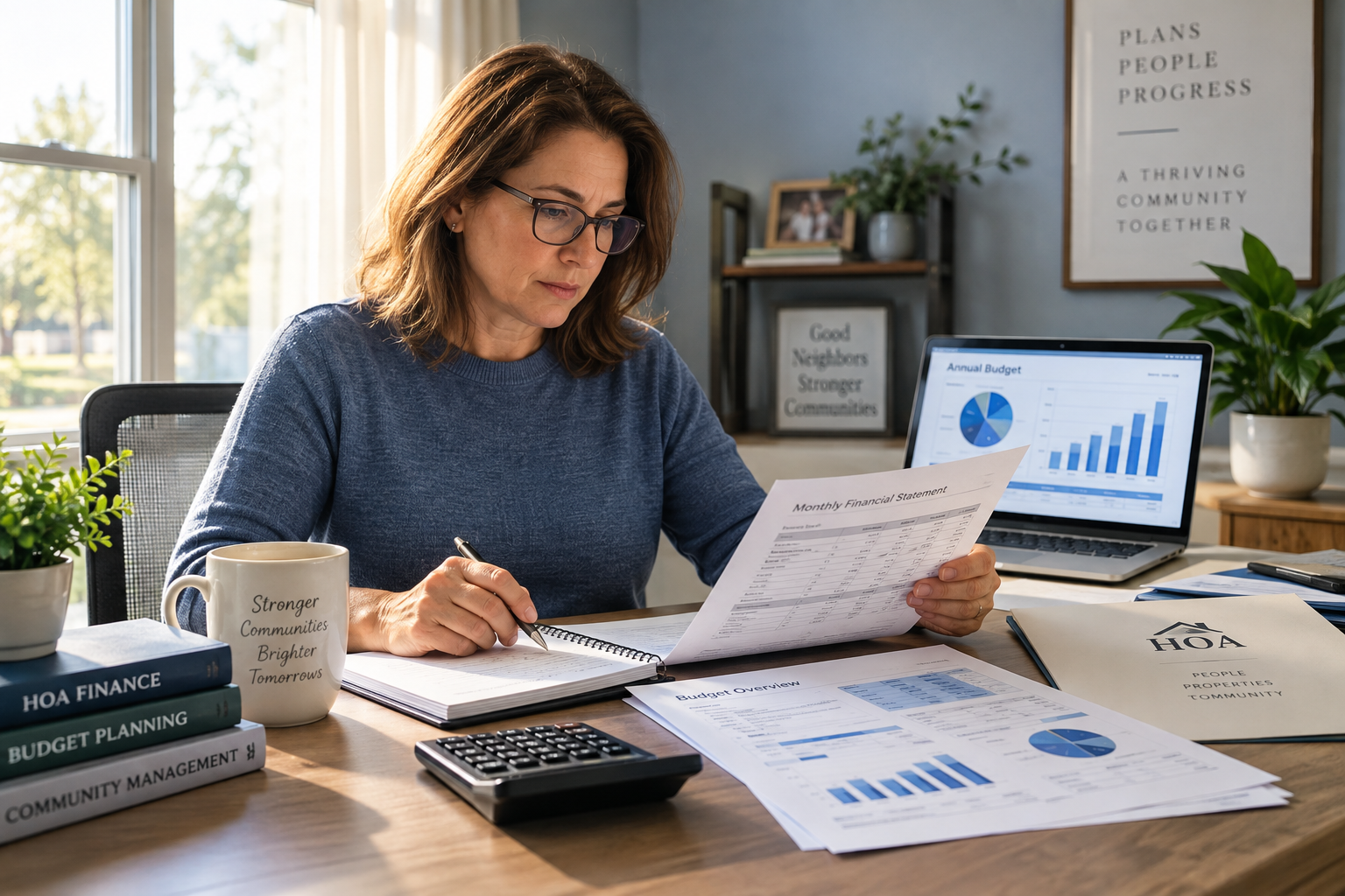 HOA treasurer reviewing financial statements and budget charts at a home office desk with a laptop, calculator, and coffee mug.