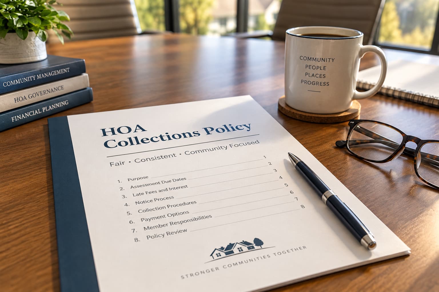 Close-up of an HOA collections policy document on a wooden conference table with a pen, reading glasses, coffee mug, and natural window light.