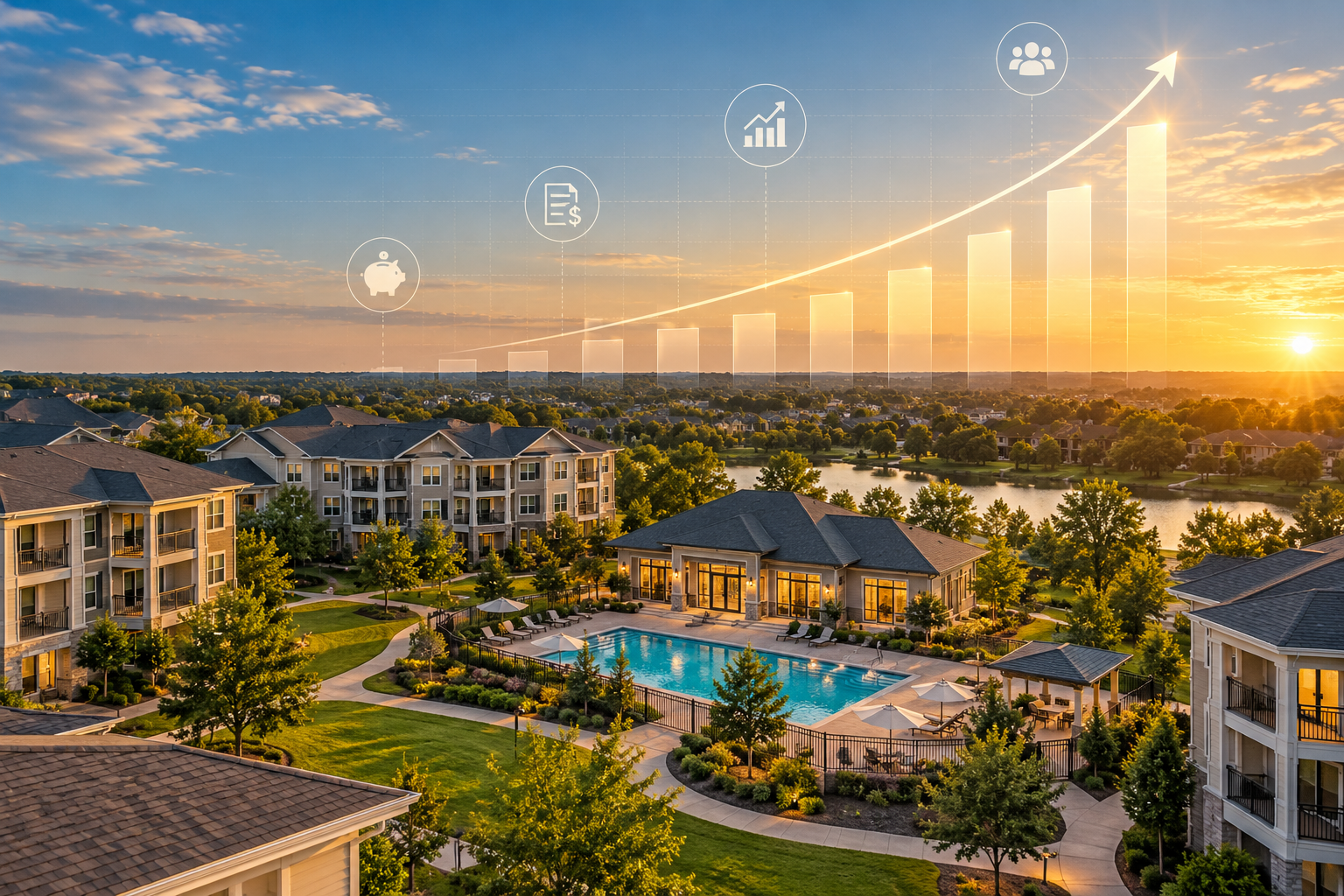 Aerial view of a well-maintained residential community with condo buildings, a clubhouse, swimming pool, and landscaped grounds, overlaid with a glowing financial growth chart.