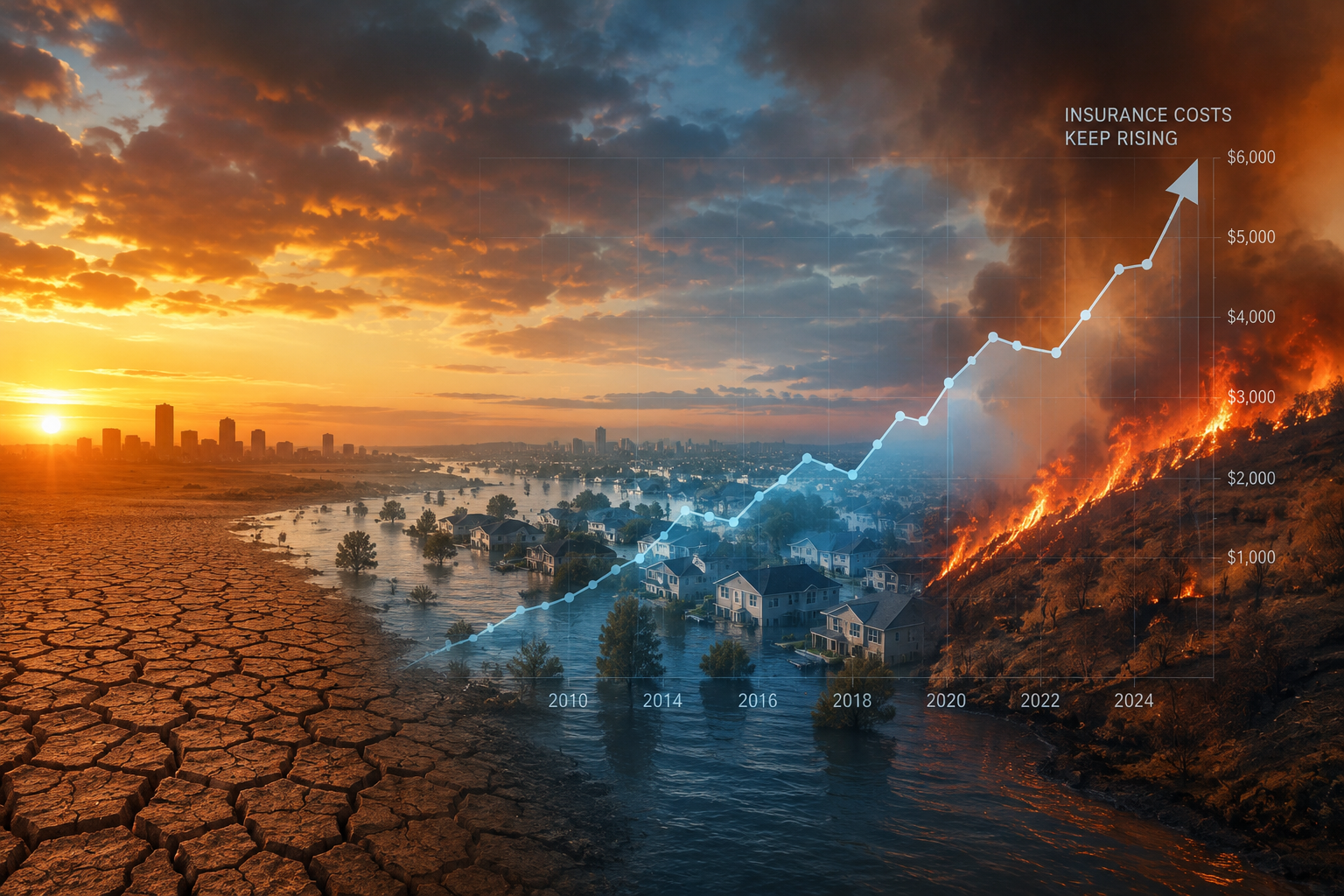 Cracked drought-affected land transitioning into a flooded neighborhood and a wildfire-scarred hillside, with a rising insurance cost graph overlaid across the scene.