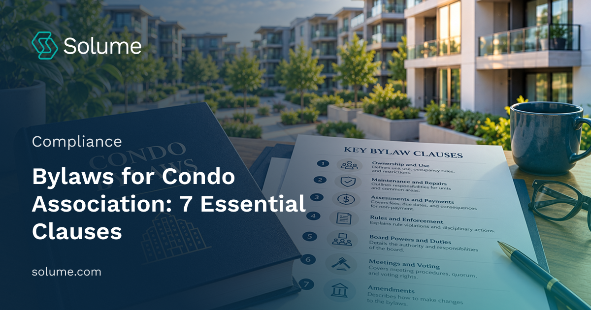 Condo bylaws book beside a checklist outlining seven essential clauses, including ownership and use, maintenance and repairs, assessments and payments, rules and enforcement, board powers, meetings and voting, and amendments, with a modern condominium complex in the background.