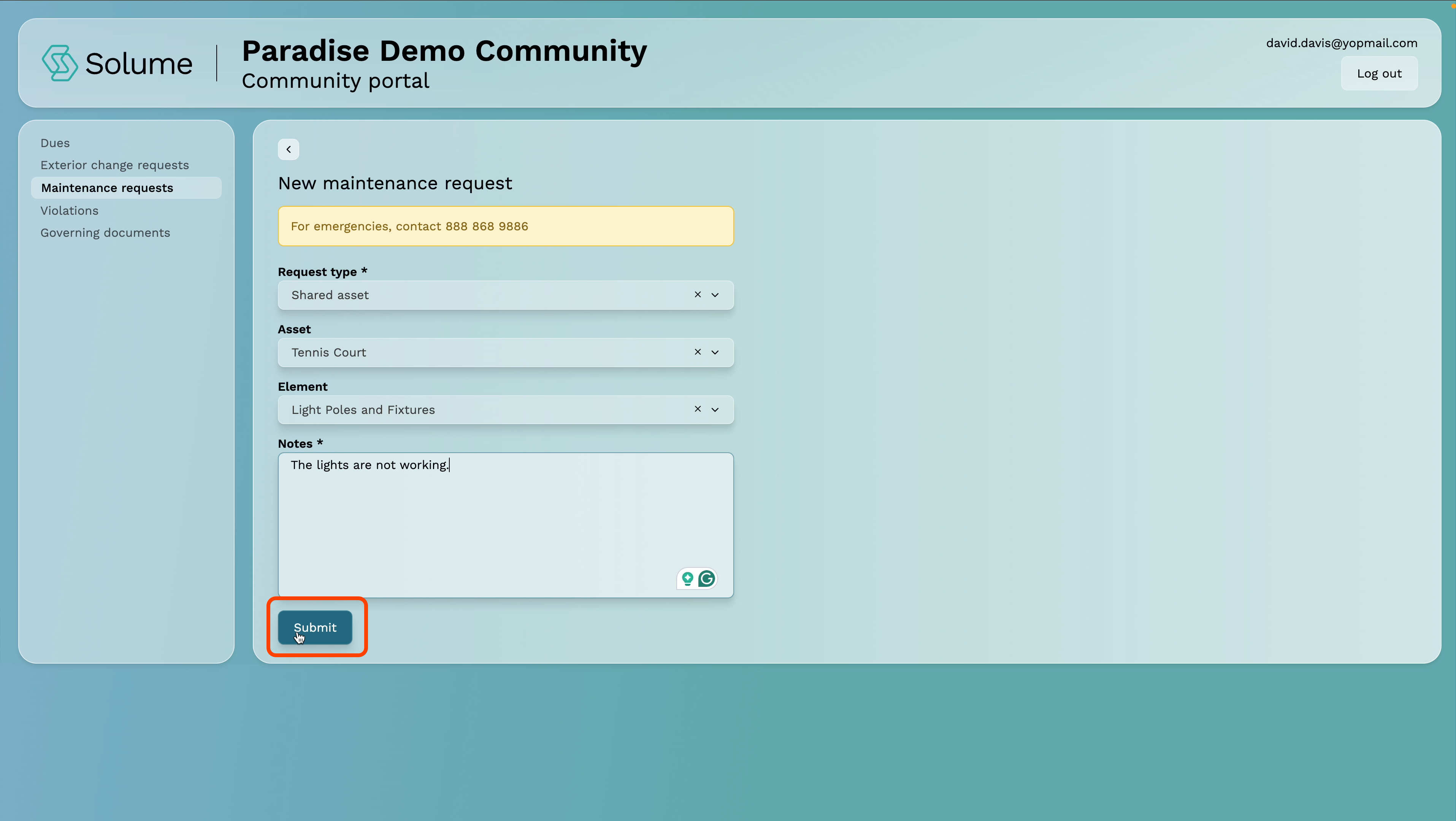 A screenshot with the submit button highlighted within Solume's home owner portal. 