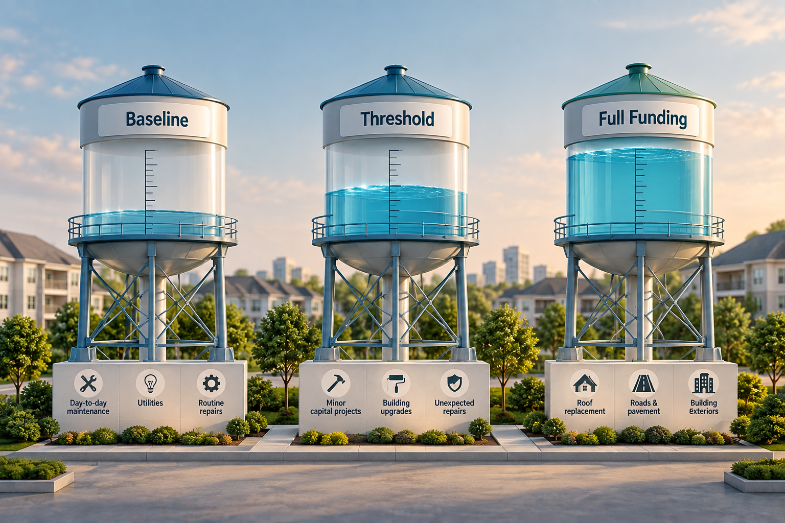 Three stylized funding reservoirs labeled Baseline, Threshold, and Full Funding, shown at increasing levels with a residential community skyline in the background.