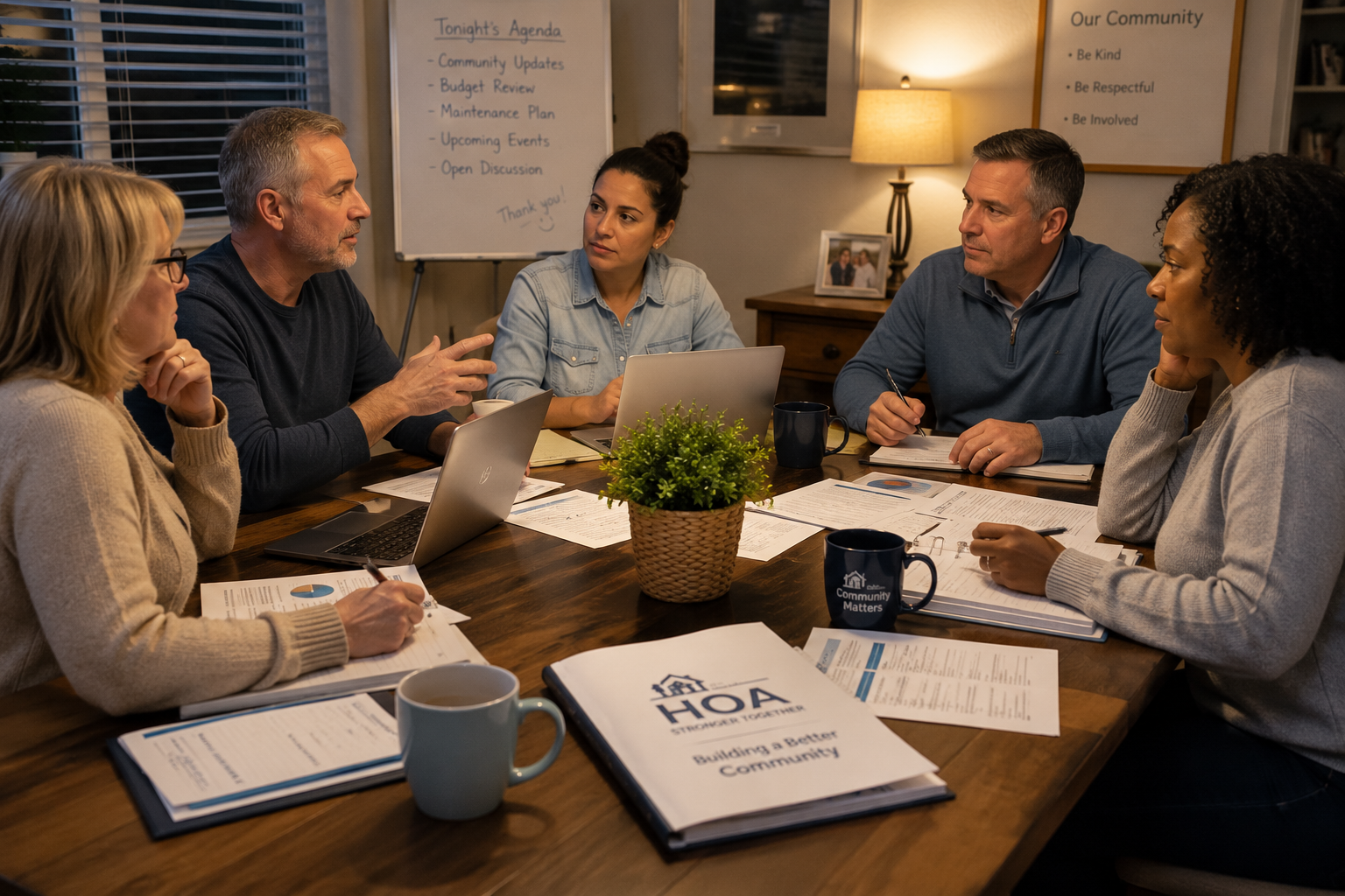 HOA volunteer board members meeting around a dining table with laptops, documents, and coffee, collaborating on community matters.