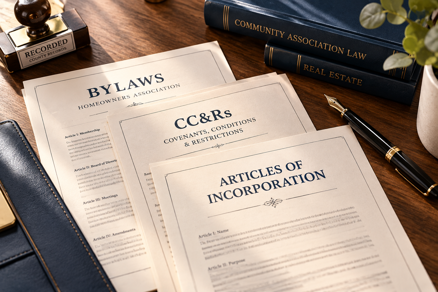 HOA governing documents, including bylaws, CC&Rs, and articles of incorporation, arranged on a wooden desk beside a fountain pen and county recording stamp.
