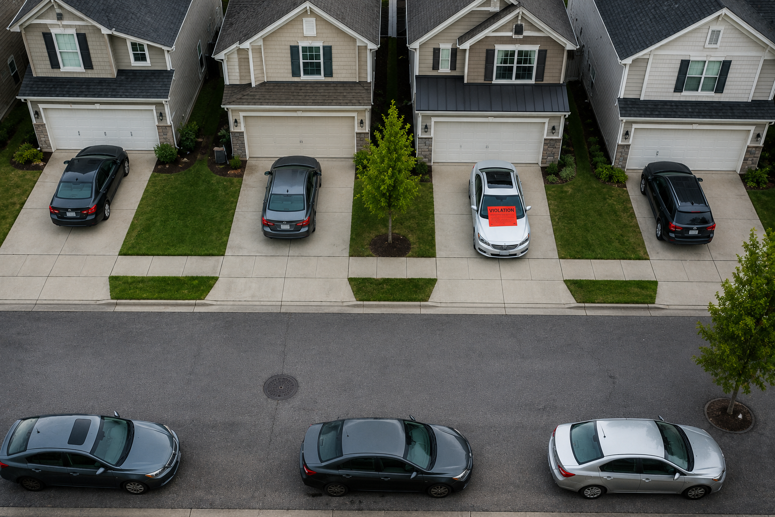 Overhead view of a suburban neighborhood with several parked cars, one vehicle marked with a bright red HOA violation sticker while similar cars nearby remain untagged.