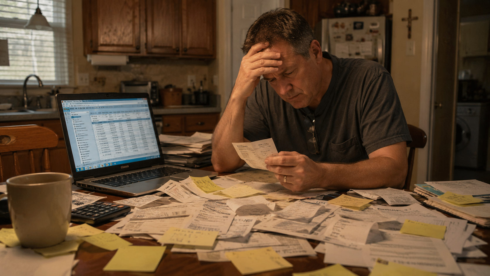 A frustrated volunteer HOA board treasurer sits at a cluttered kitchen table covered with paper receipts, sticky notes, and financial documents while reviewing a confusing spreadsheet on an older laptop under dim, warm lighting.