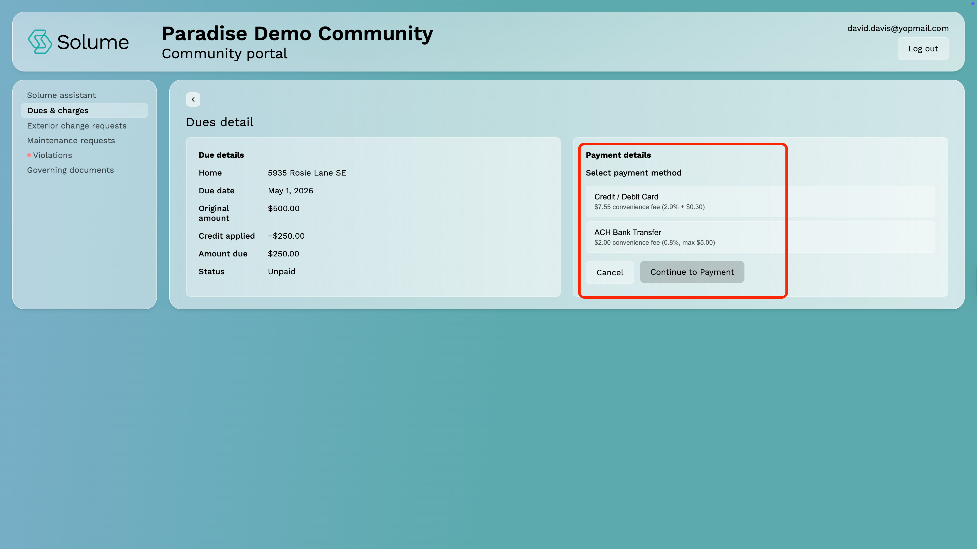 A screenshot of the charges and an option to pay with ACH or Debit/Credit Card within the owner portal of Solume.
