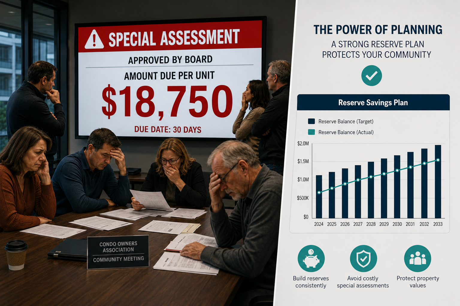 Condo owners at a tense community meeting reviewing a large special assessment notice, contrasted with a reserve savings chart illustrating proactive financial planning.