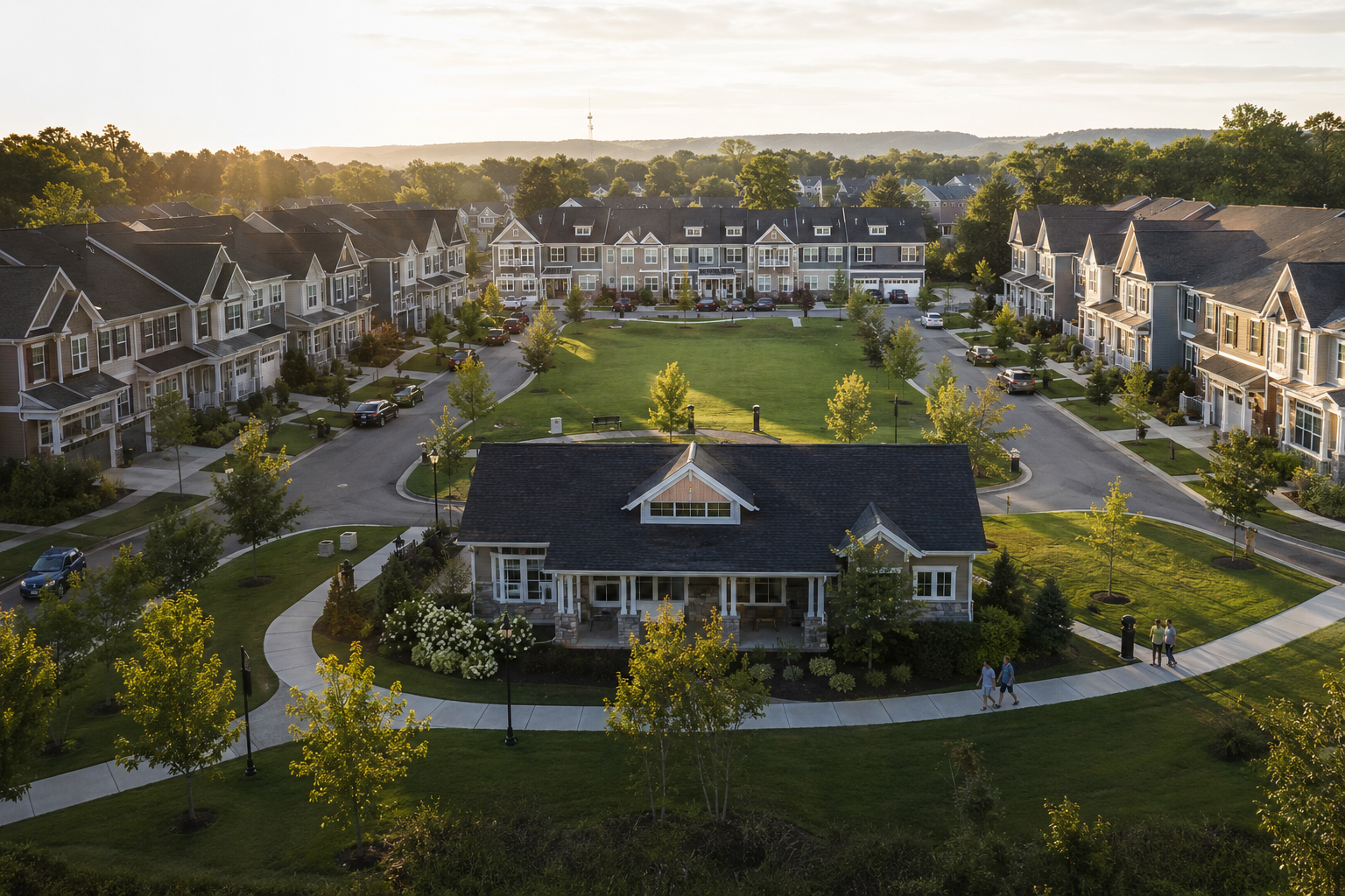 Overhead view of a well-maintained residential community with modern townhomes, a central clubhouse, landscaped green space, and residents walking along clean sidewalks in warm morning light.