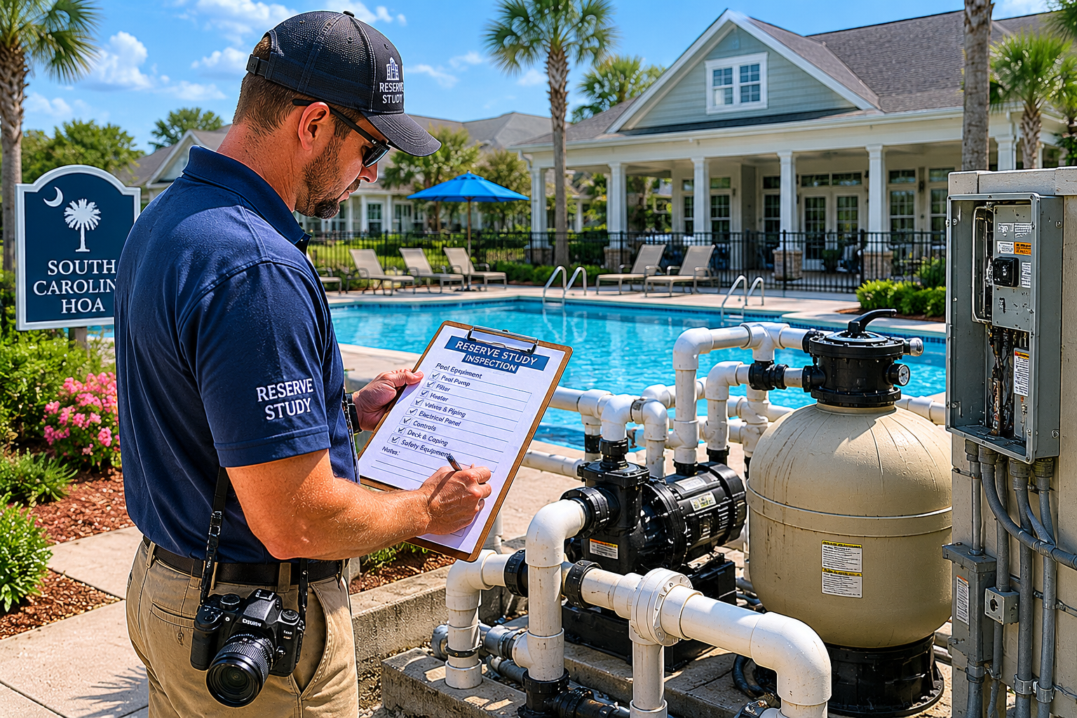 Reserve study professional inspecting HOA pool equipment in a South Carolina community, taking notes on a clipboard while carrying a camera. A swimming pool and clubhouse are visible in the background, documenting the condition of common-area assets for reserve planning.
