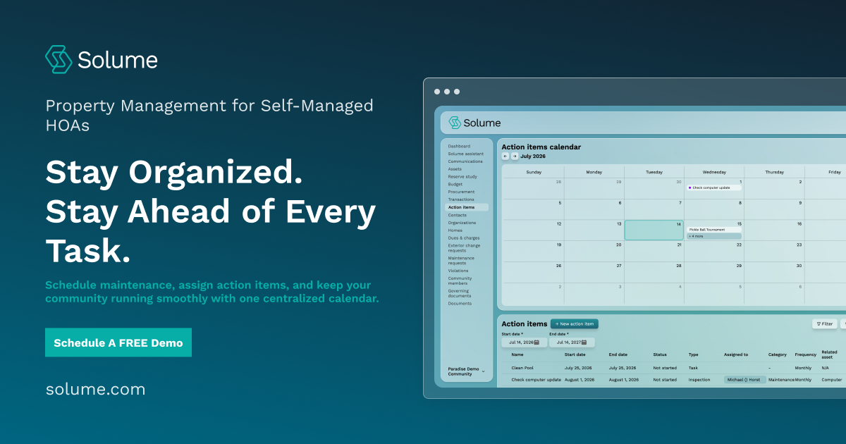 Promotional banner showing the Solume action items calendar dashboard with a centralized task management interface for self-managed HOA property management and maintenance scheduling.