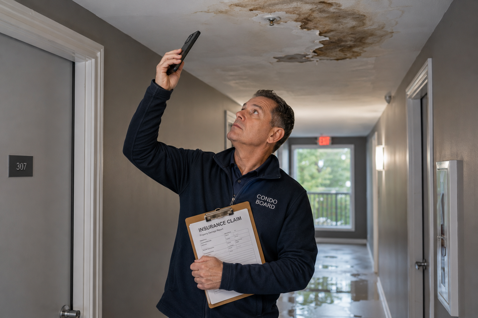 Condo board member photographs extensive ceiling water damage in a residential hallway while holding insurance claim documents on a clipboard.