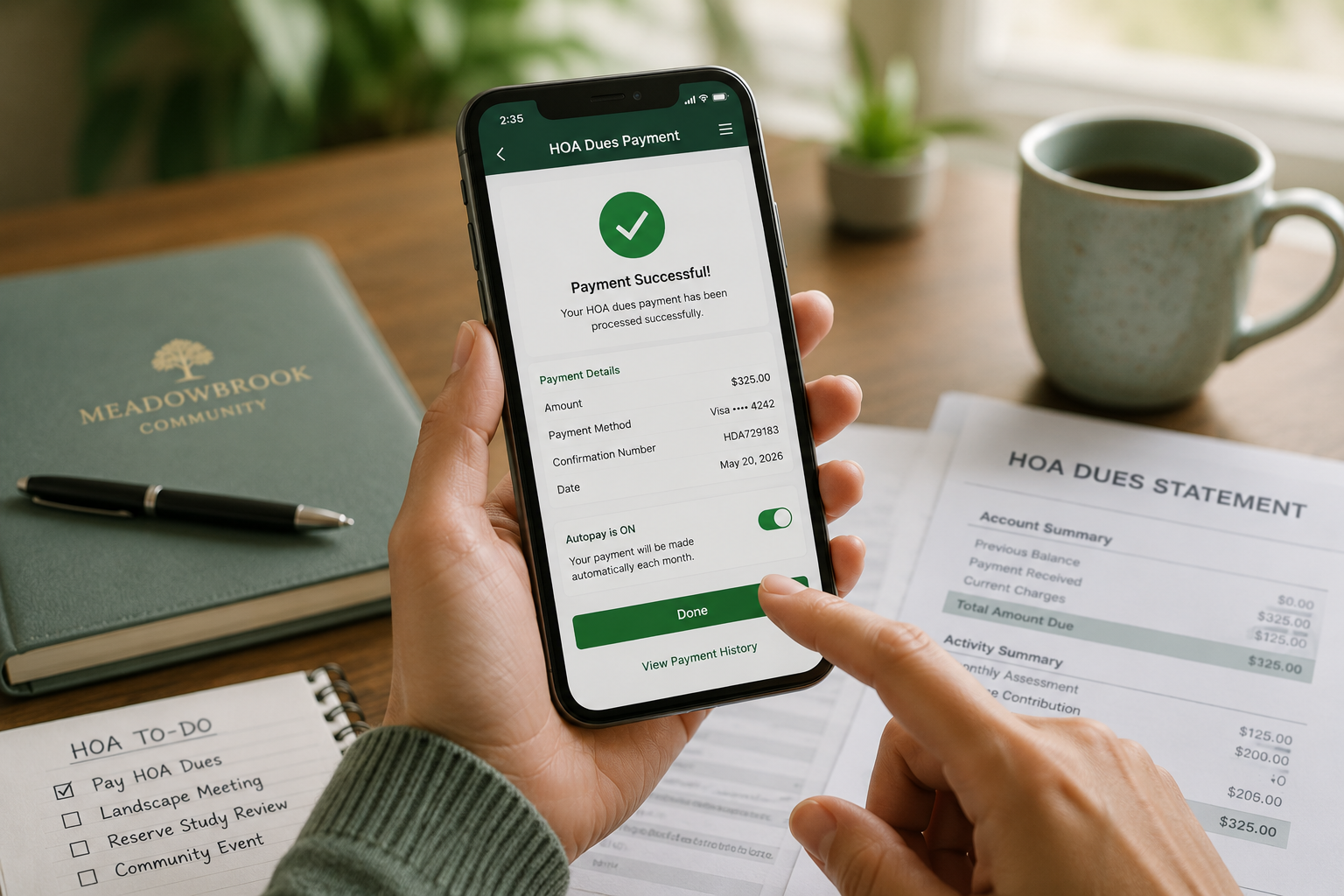 Homeowner using a smartphone to pay HOA dues online with autopay enabled, viewed on a tidy home desk with blurred financial paperwork in the background.