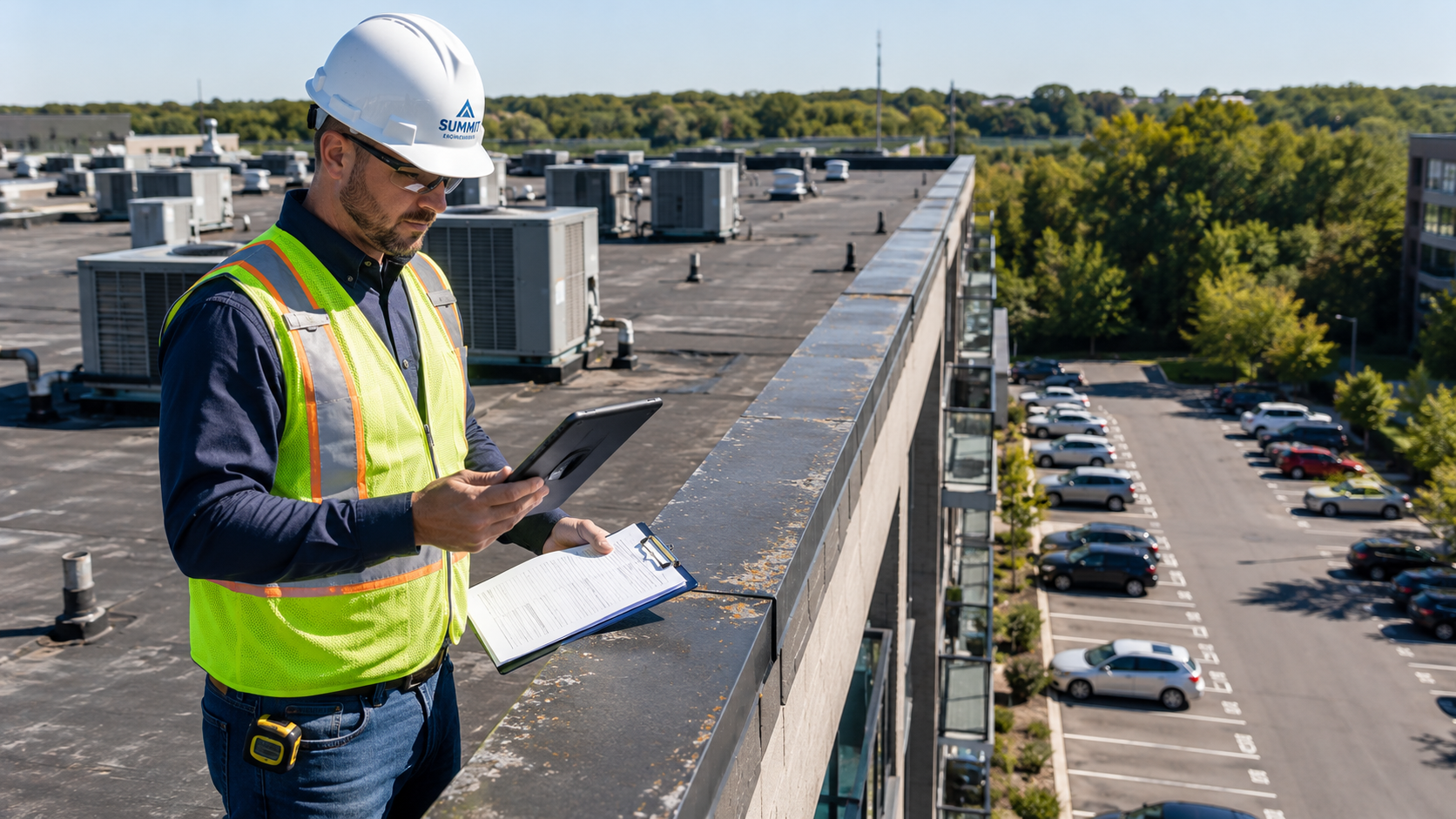 A professional engineer wearing a hard hat and high-visibility safety vest inspects the flat roof of a condominium building using a tablet and clipboard, with rooftop HVAC units and a parking lot visible below on a clear day.