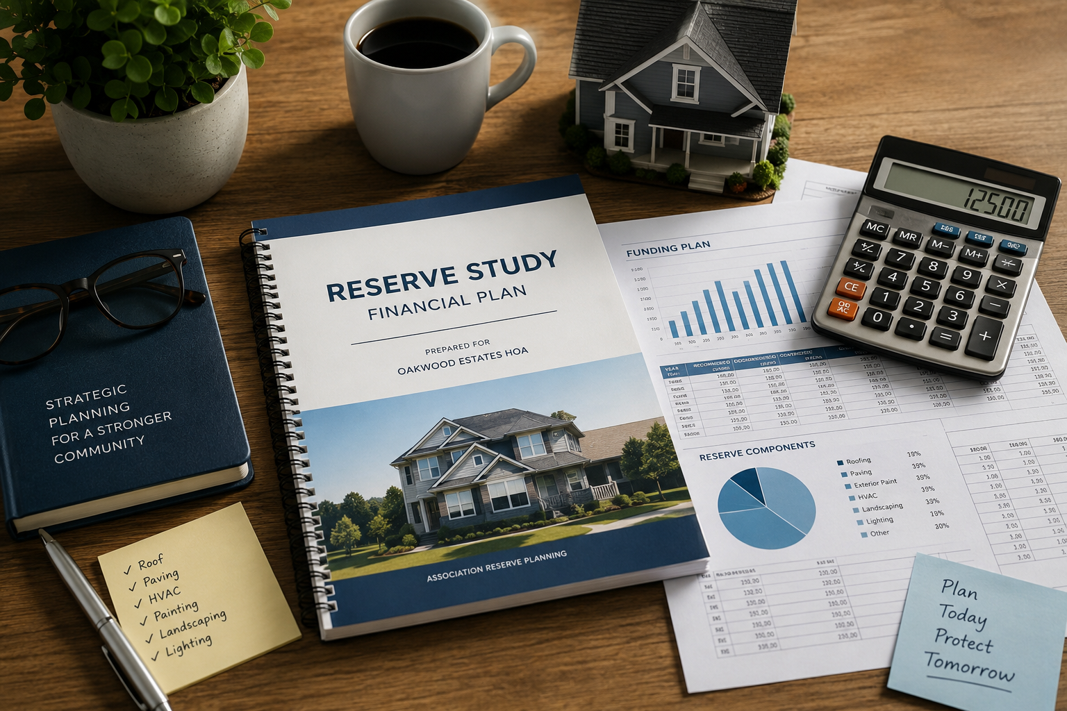 Overhead view of a financial planning workspace featuring a reserve study report, calculator, spreadsheets with charts, a miniature house model, and office supplies arranged on a wooden desk under warm lighting.