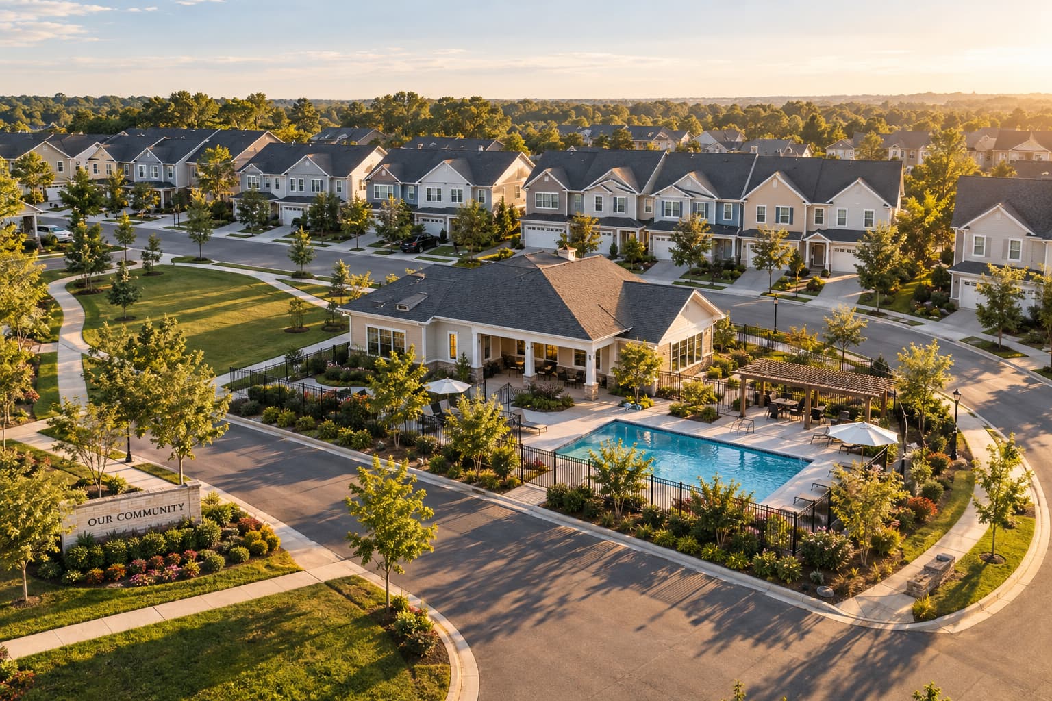Aerial view of a well-maintained suburban HOA community with townhomes, a clubhouse, swimming pool, landscaped lawns, and tree-lined streets in warm late-afternoon light.