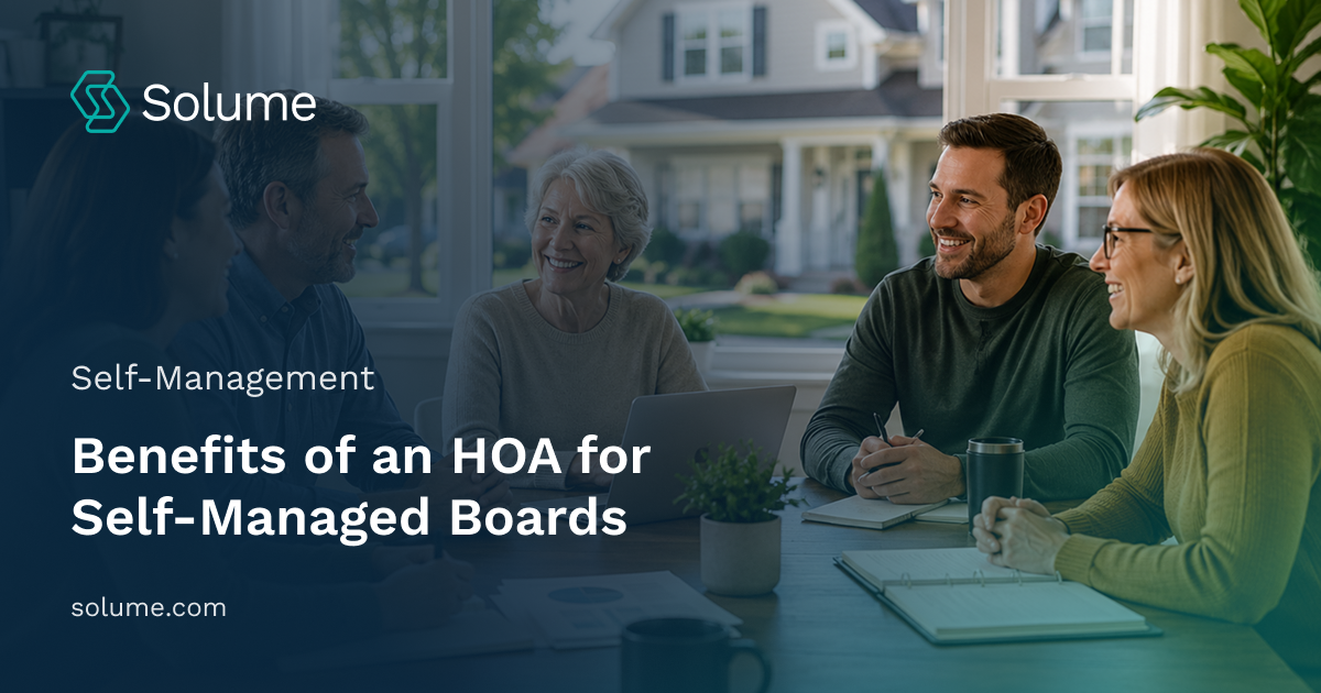 HOA board members meeting outdoors in a well-maintained residential community, reviewing financial reports and discussing neighborhood management, with attractive suburban homes and landscaped streets in the background.