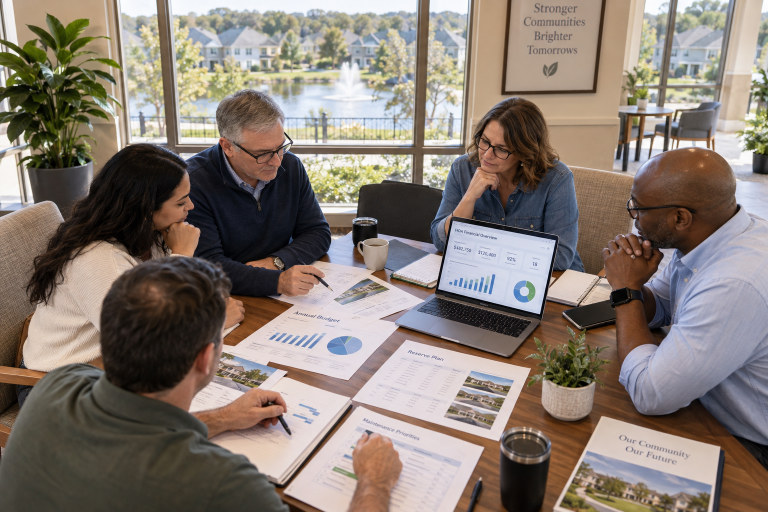 Five diverse homeowners reviewing HOA budget documents and financial charts around a wooden conference table in a bright community clubhouse, with a suburban neighborhood visible through large windows.