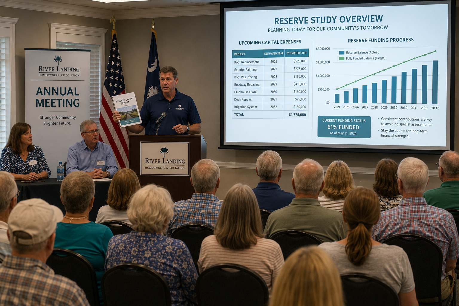 South Carolina HOA board president presenting a reserve study report to homeowners during an annual community meeting. A projector screen displays charts of upcoming capital improvement expenses and reserve funding progress, while residents listen from the audience.