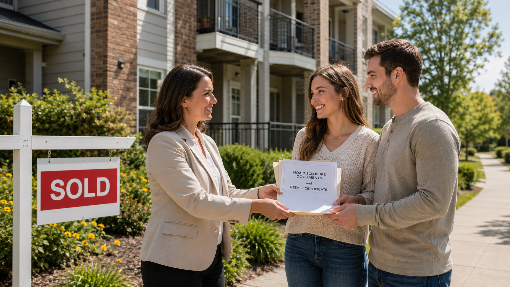 A real estate agent hands HOA disclosure documents and a resale certificate to a young couple outside a modern condominium building with a "Sold" sign and landscaped grounds on a bright sunny day.