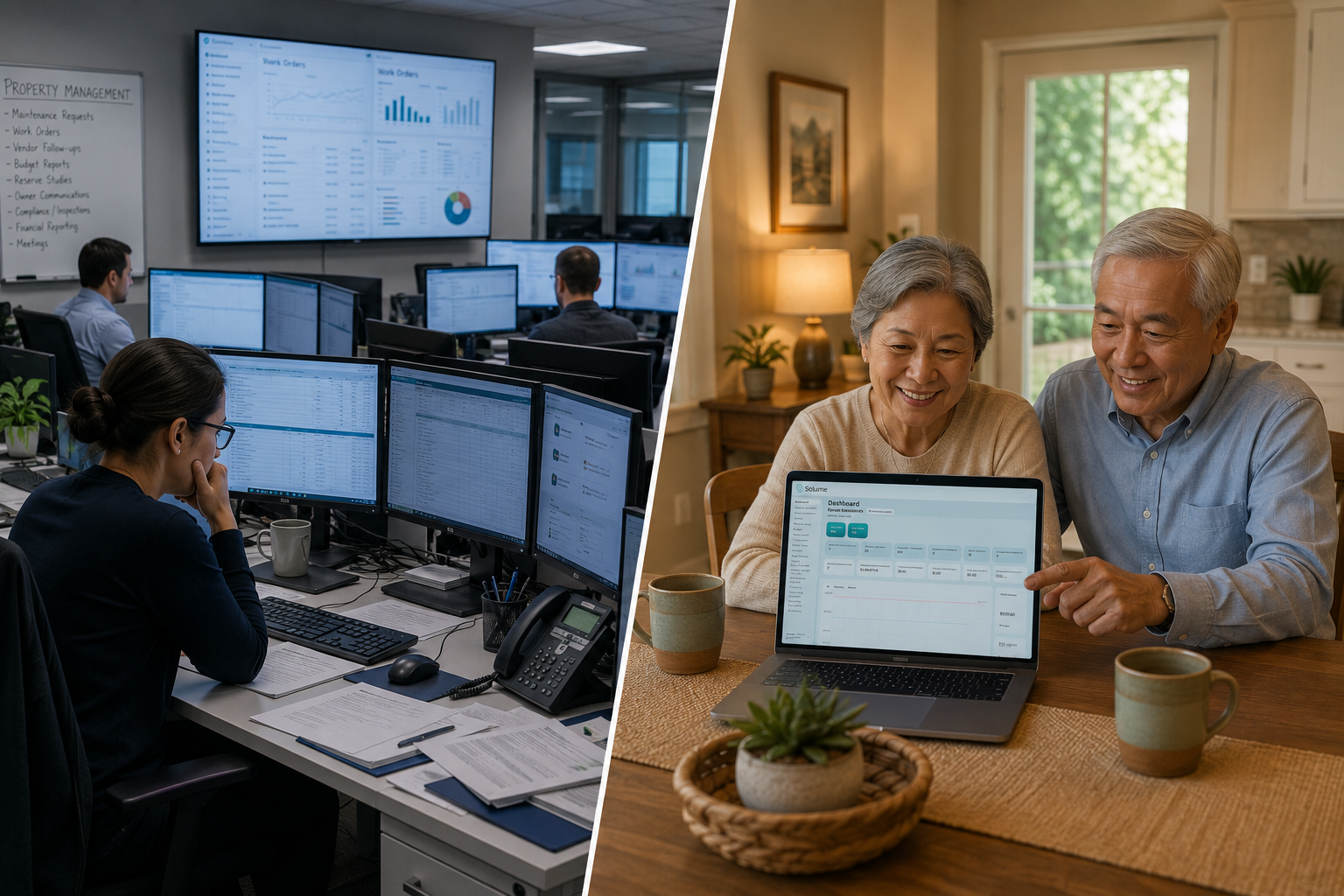 A split-screen image compares two approaches to condominium management. On the left, a busy corporate property management office is filled with staff working across multiple computer monitors and paperwork. On the right, a retired couple sits comfortably at their home dining table reviewing their condo association dashboard on a single laptop, highlighting a simpler, more accessible way to manage their community.