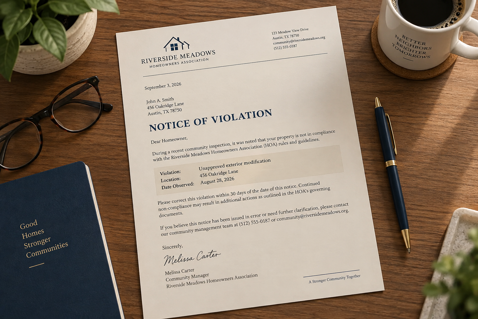 Overhead view of an HOA violation letter on cream letterhead resting on a wooden desk, with reading glasses, a pen, notebook, and coffee mug nearby in warm natural light.